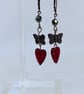 Handmade Copper Butterfly & Ruby Red Glass Heart Earrings - Image 2
