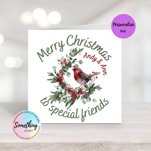 Personalised Robin Christmas Card with holly wreath, berries and acorns