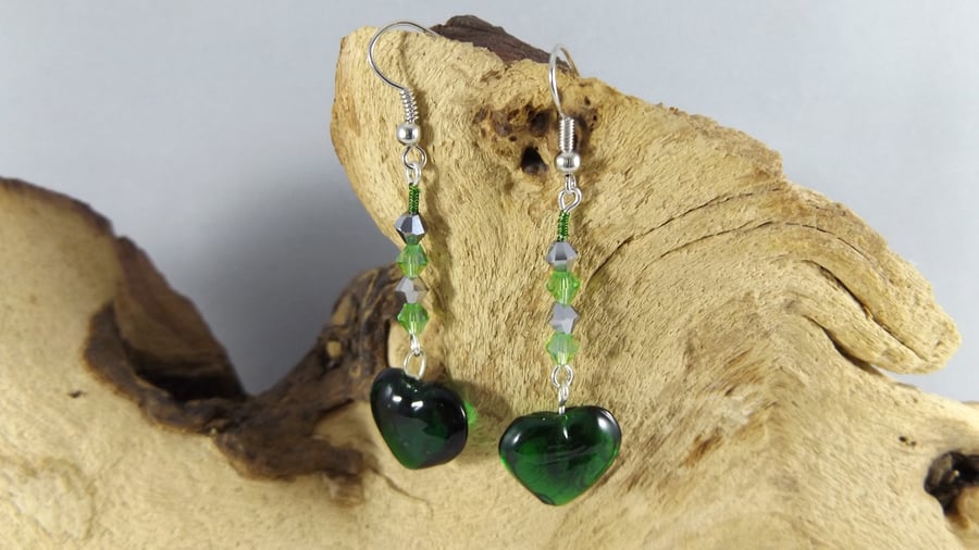 Green Heart and crystal earrings