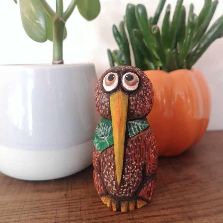 Hand carved, painted and finished Pompom the Kiwi bird