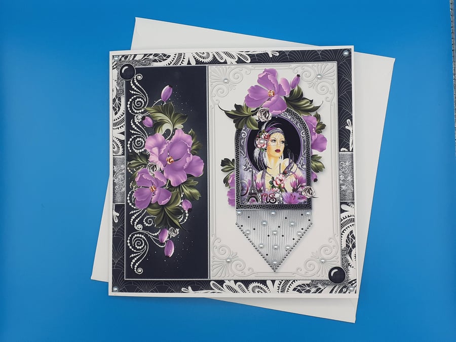 Art Deco Birthday Card For Her, Handmade, Decoupage 