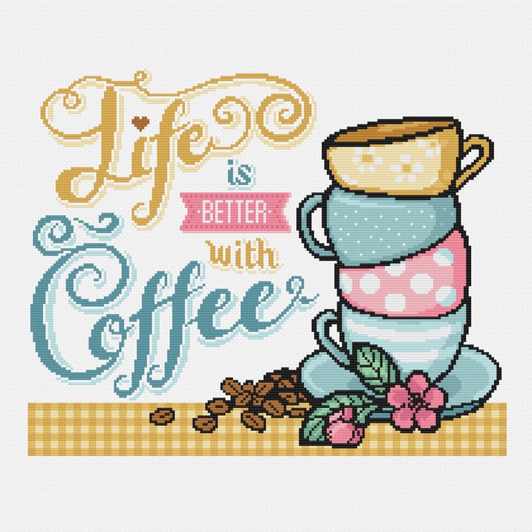 159B - Life is Better with Coffee Cross Stitch Pattern  Teacups (PDF Chart)
