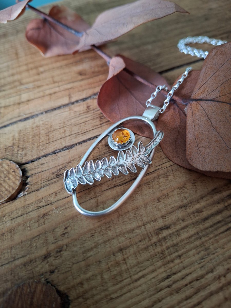Real Fern Leave - Silver Pendant with Amber and Leather