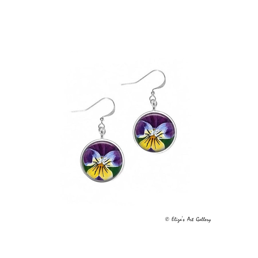 Silver Plated Pansy Flower Art Earrings