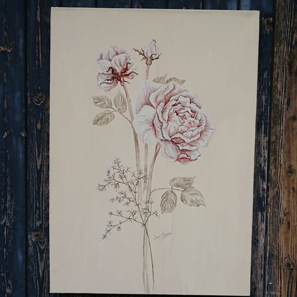 Pink and white painting of roses on canvas with pink and cream background