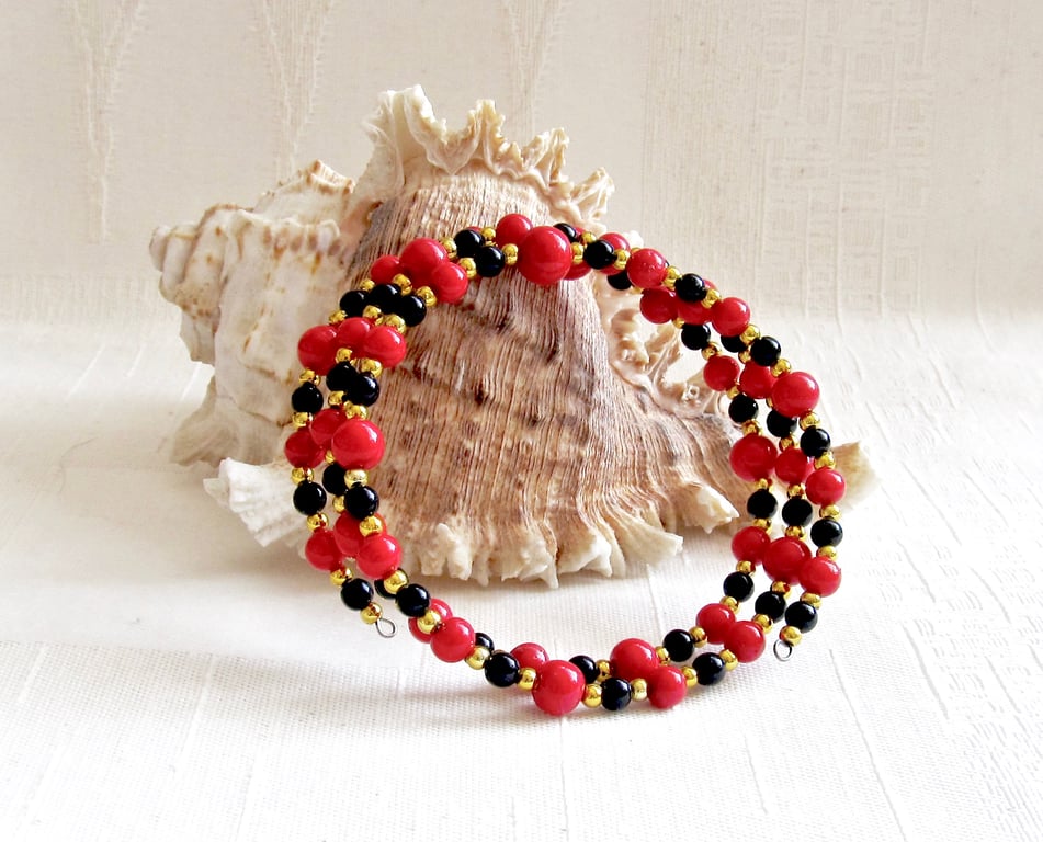 Scarlet, Black & Gold Beaded Bangle, Cuff, Memory Wire Bracelet