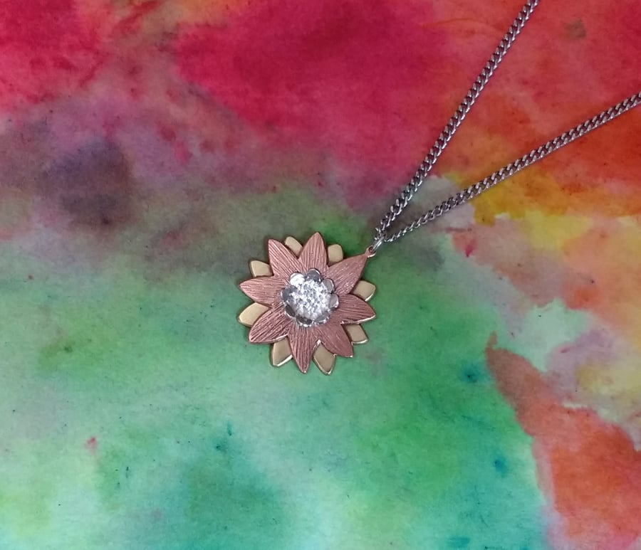 Double Daisy Flower Pendant, Copper, Brass & Silver on a Curb Chain
