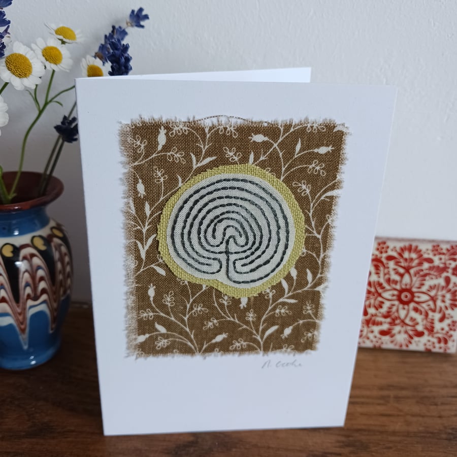 Labyrinth hand embroidered Card - CLEARANCE