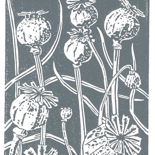 Poppy Seedhead charcoal grey - Linocut Print