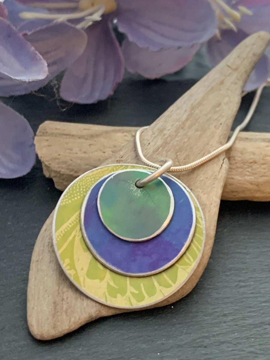 Water colour collection - hand painted aluminium pendant, lime green and purple