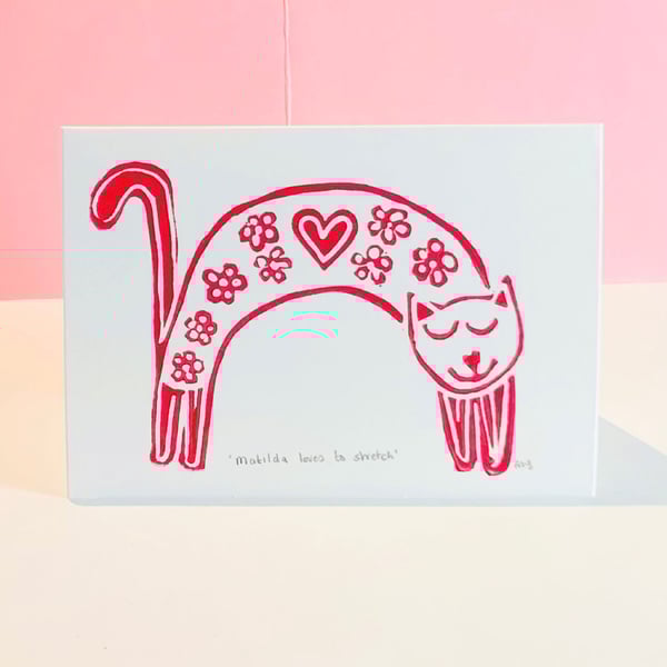 Matilda lives to stretch - handmade cat card - linocut