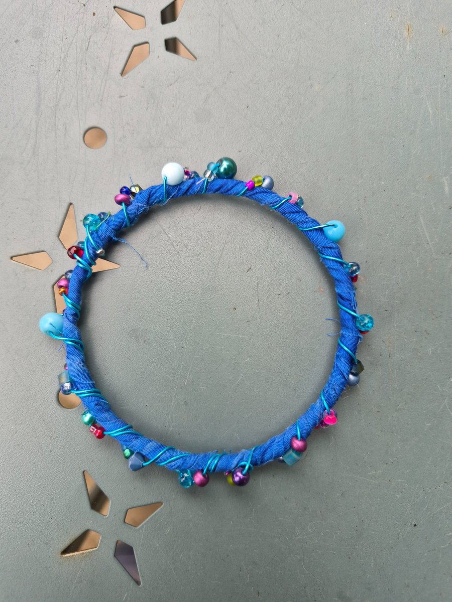 Upcycled fabric Wire and Bead Wrapped Bracelet 