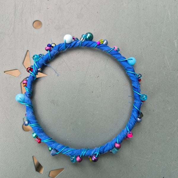 Upcycled fabric Wire and Bead Wrapped Bracelet 