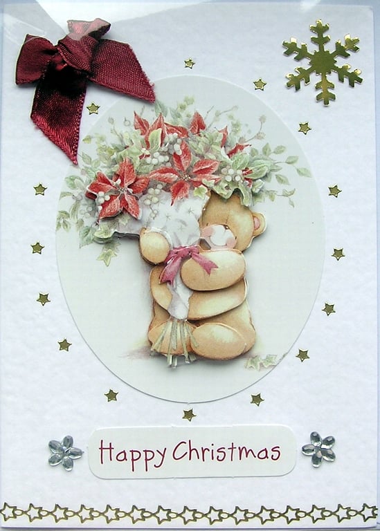 Hand Crafted Decoupage Chistmas Card - Happy Christmas (2297) - Teddy Bear