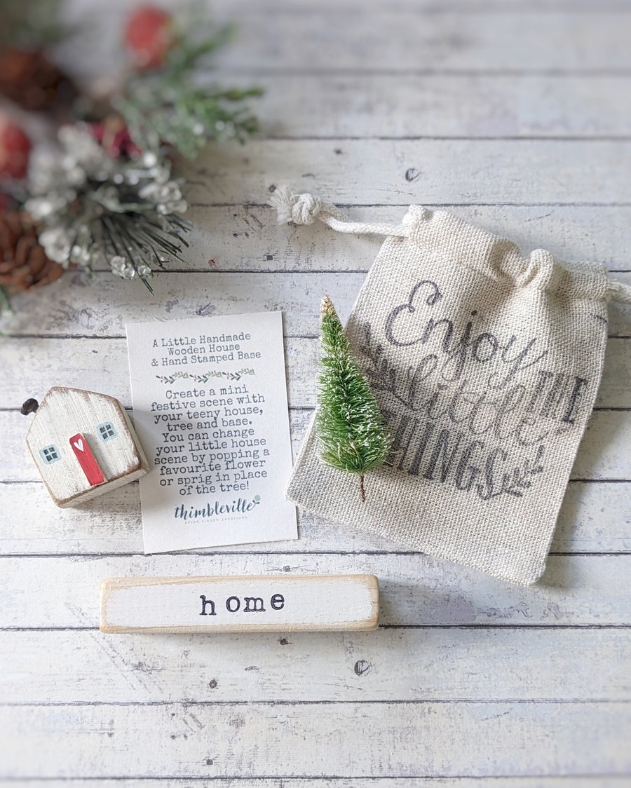 Little Wooden Handmade House in a Bag with Christmas Tree 'Home' 
