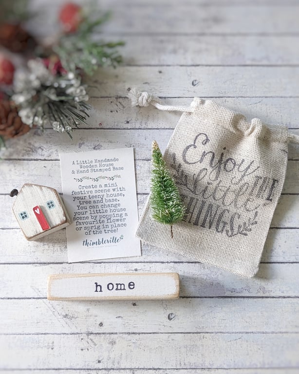 Little Wooden Handmade House in a Bag with Christmas Tree 'Home' 