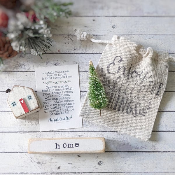 Little Wooden Handmade House in a Bag with Christmas Tree 'Home' 