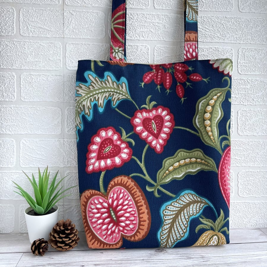 Navy Tote Bag with Stylised Fruit Pattern