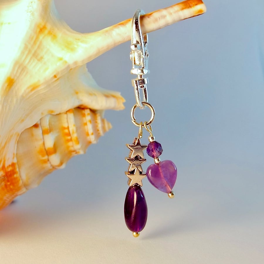 Amethyst Bag Charm With Stars, February Birthday, Valentine, Mother's Day Gift