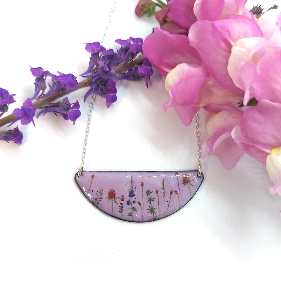 Light purple enamel Wild Flowers half-moon necklace