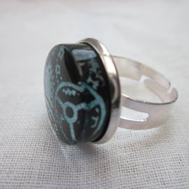 Handmade glass cabochon modern ring - Silver steampunk dichroic