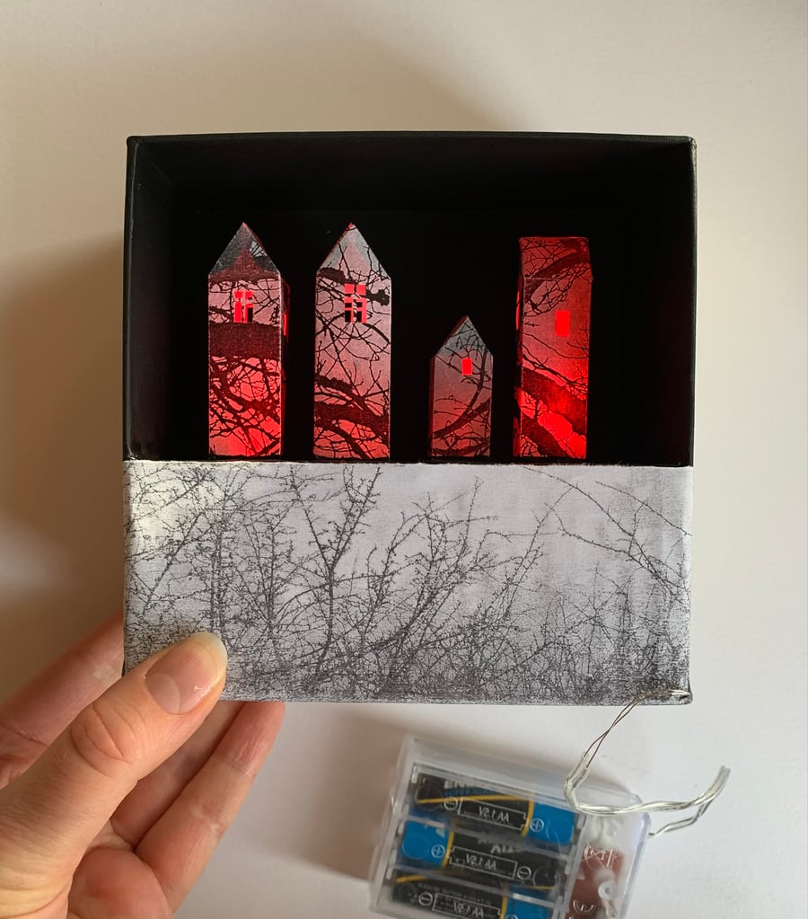 Tiny Red Light Up Paper City, Halloween Art Sculpture Lamp, Bookshelf Diorama