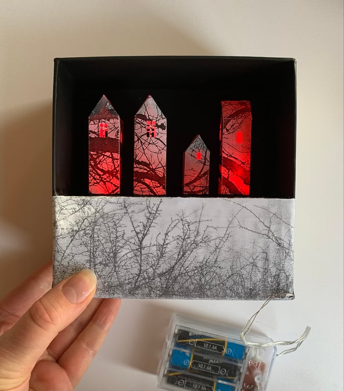 Tiny Red Light Up Paper City, Halloween Art Sculpture Lamp, Bookshelf Diorama
