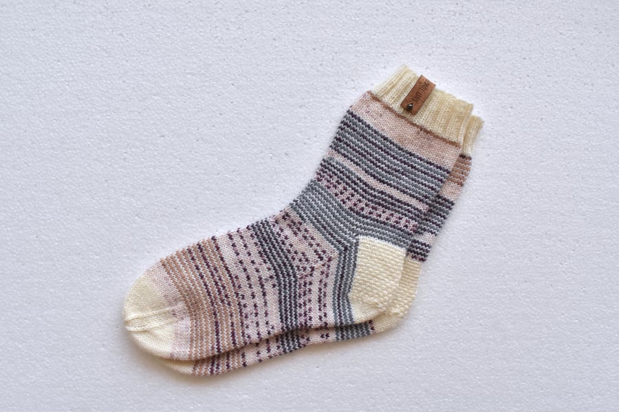 Hand knitted wool blend socks. White, purple, beige colourway. Ready to ship.