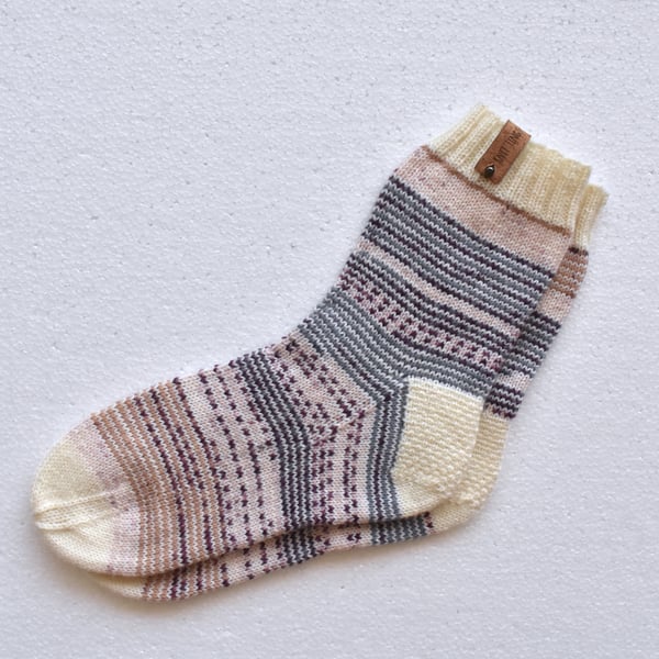 Hand knitted wool blend socks. White, purple, beige colourway. Ready to ship.