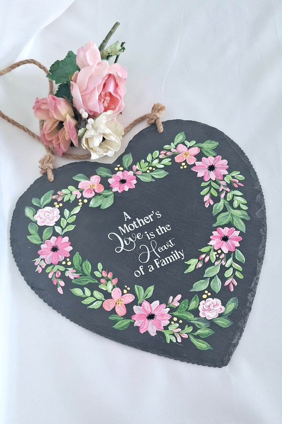 Mothers Day Gift, Hand Painted Large Slate Plaque, Floral Heart shaped Plaque