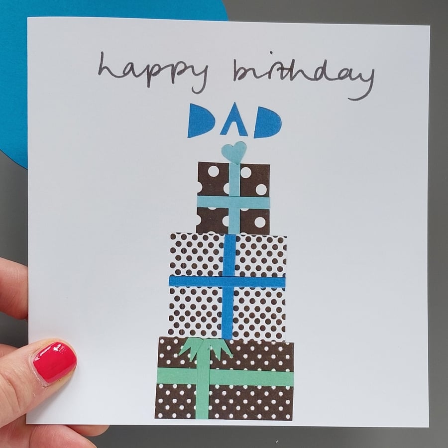 Dad birthday card with pile of presents