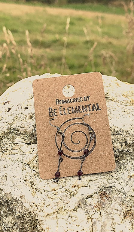 Dainty drop earrings with red glass beads, reimagined jewellery