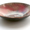 enamel dish - scrolled blue and black over red