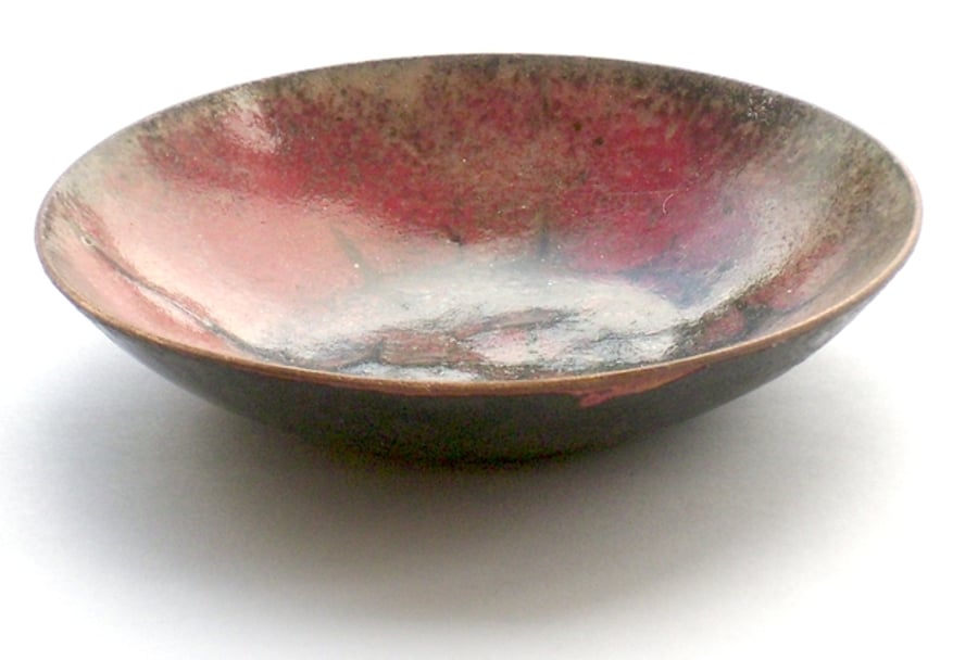 enamel dish - scrolled blue and black over red