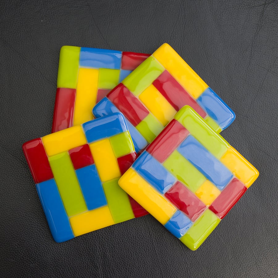 Set of 4 Mondrian inspired Fused Glass Coasters - 9266 - Beautiful Bundle