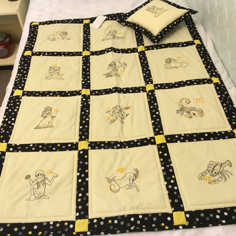 Signs of the Zodiac Quilt and Cushion. Wall-hanging, Lap quilt for Astrologer.  
