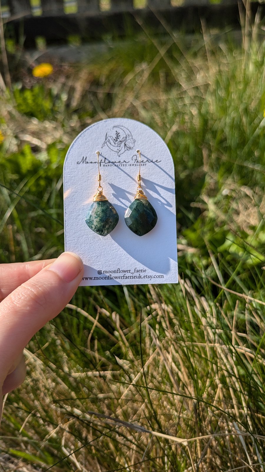Moss Agate Gemstone Earrings, Crystal Wire Wrapped Gold Jewellery