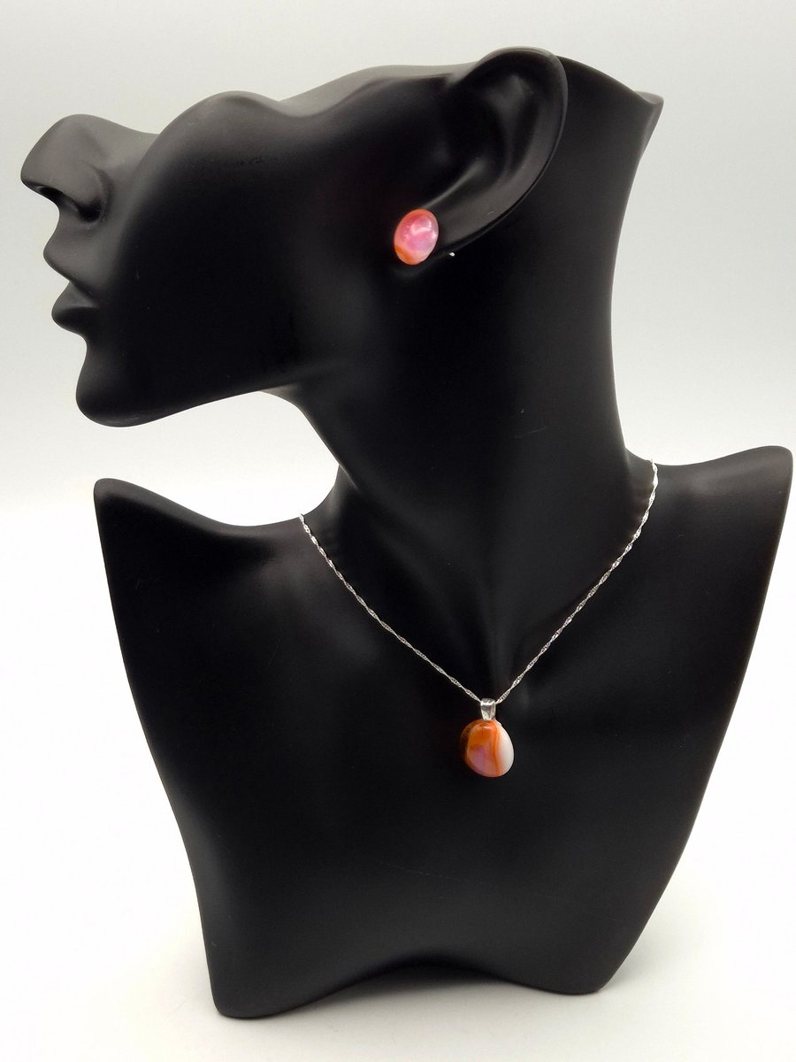 Image of Coral and Pink Fused Glass Stud Earrings and Pendant Set