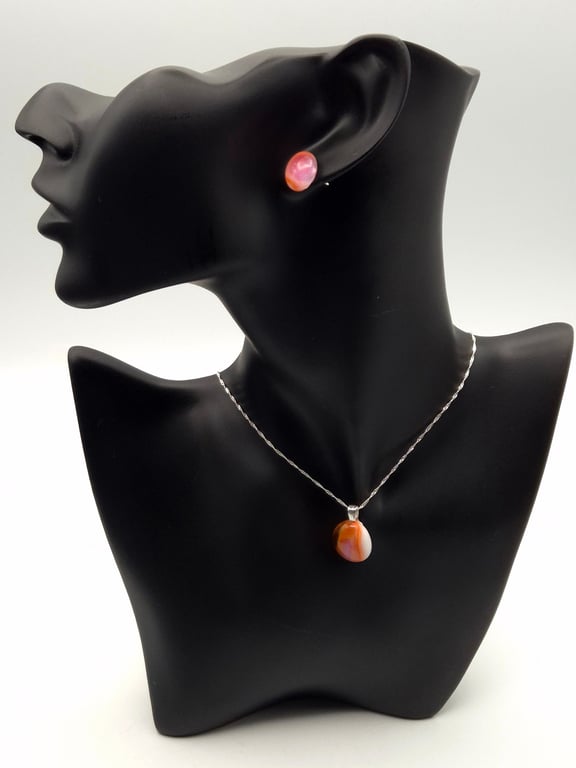 Coral and Pink Fused Glass Stud Earrings and Pendant Set