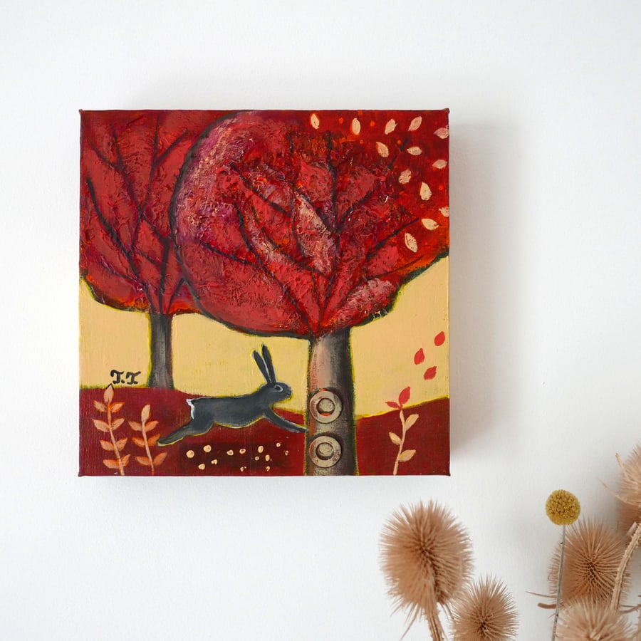 Rabbit Painting, Animal Artwork, Autumn Landscape, Hare 