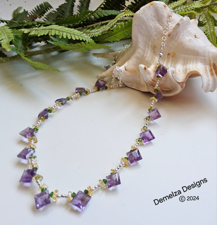 Zambian Amethyst, Chrome  Diopside & Citrine Sterling Silver Necklace