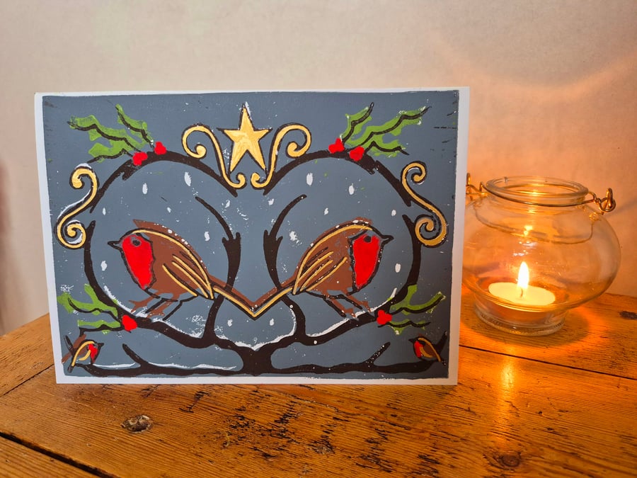 Hand printed Robin Christmas card