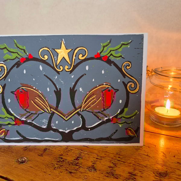Hand printed Robin Christmas card