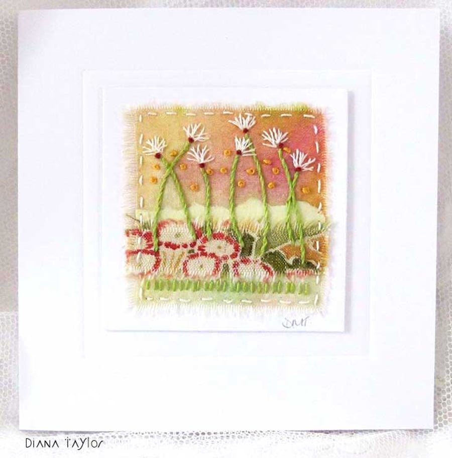 HAND EMBROIDERED GREETING CARD FLORAL GARDEN 