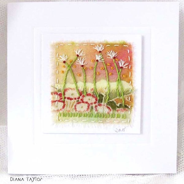 HAND EMBROIDERED GREETING CARD FLORAL GARDEN 