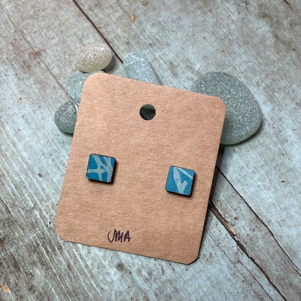 Square shape wooden print stud earrings handmade