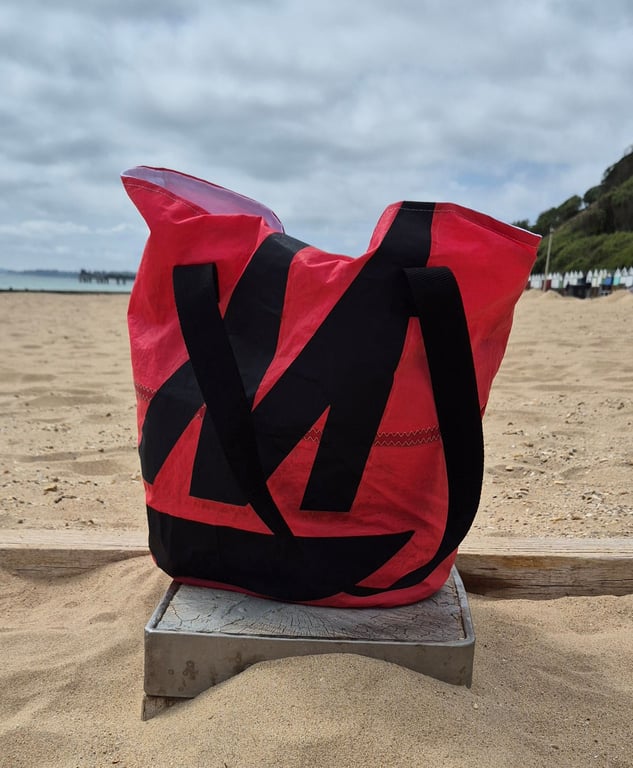 Large Red Tote Bag, Beach Bag - made of red upcycled Sailcloth