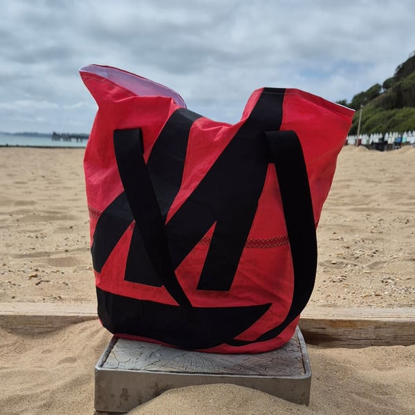 Large Red Tote Bag, Beach Bag - made of red upcycled Sailcloth