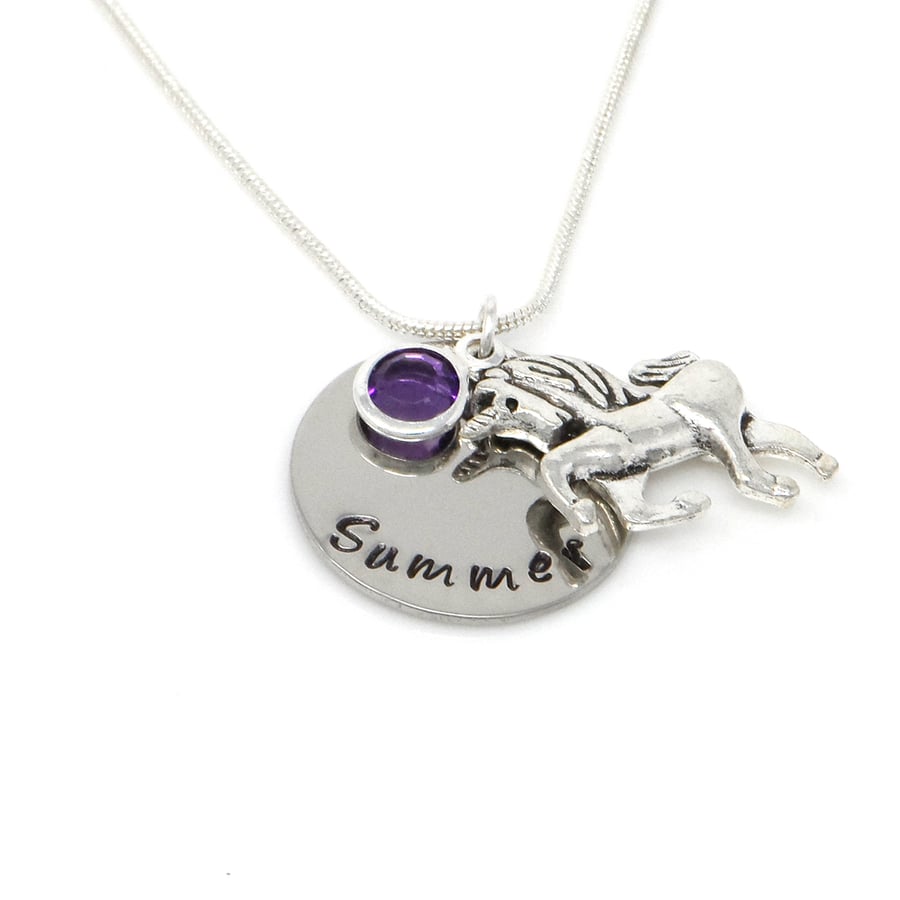 Personalised Necklace with Unicorn and Birthstone - Gift Boxed - Free Delivery