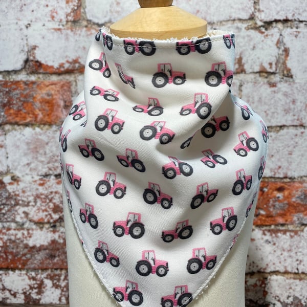 Baby Dribble Bib Bandana One Size Cotton Bamboo Towelling White Pink Tractor